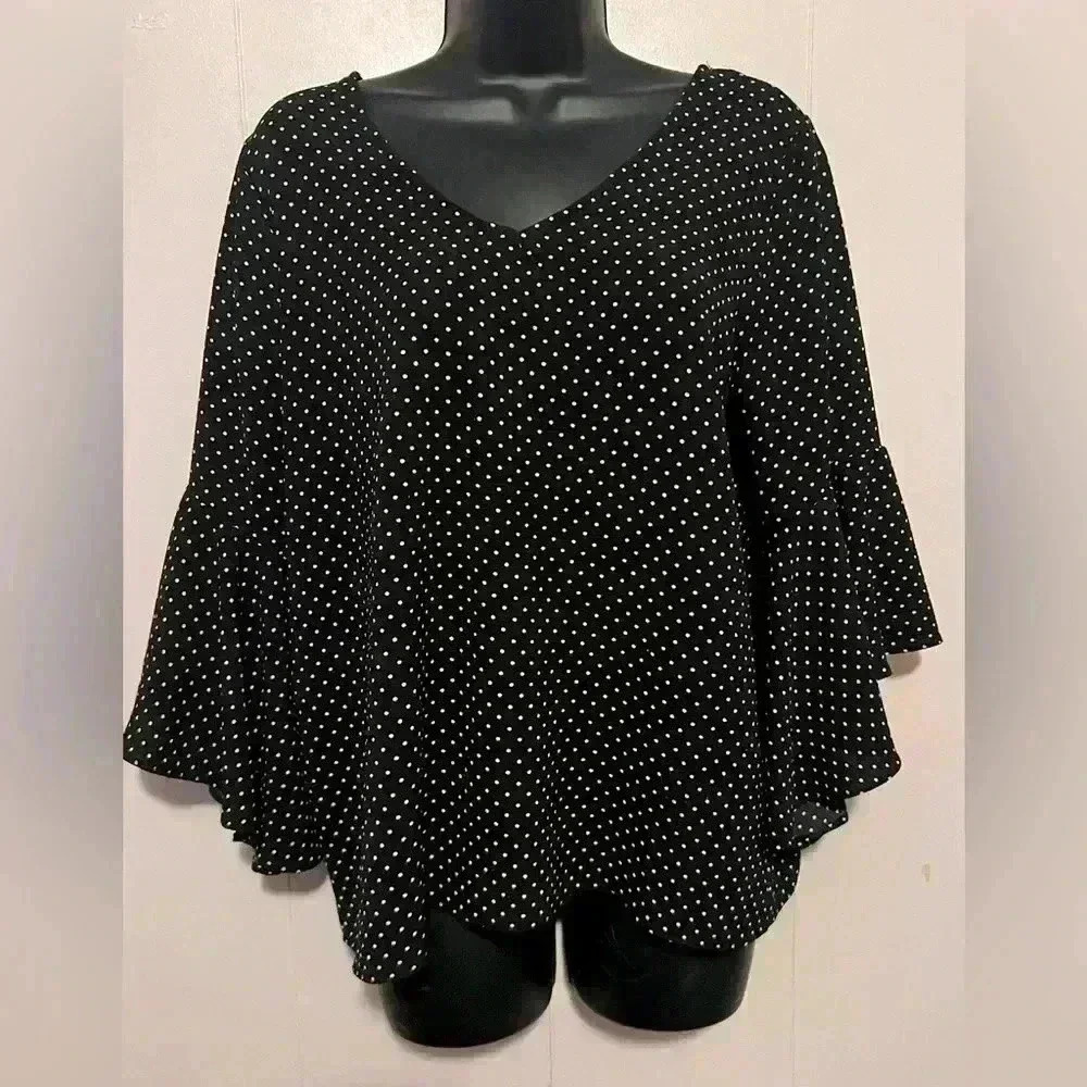 Green Envelope Black‎ White Polka Dot 3/4 Angel Sleeves Back Tie Blouse Womens M